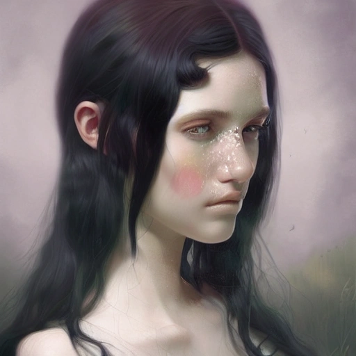 Realistic portrait of a young girl with black hair, fantasy, long hair, very detailed, digital painting, trend artstation, in sharp focus, illustration, art by tom bagshaw, Oil Painting, Oil Painting