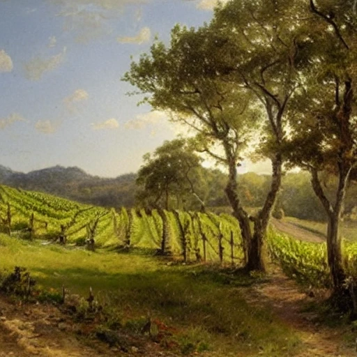 a beautiful AND MAGNIFICENT LANDSCAPE OF A VINEYARD PAINTED BY painting by alfred thompson bricher, trending on arstation