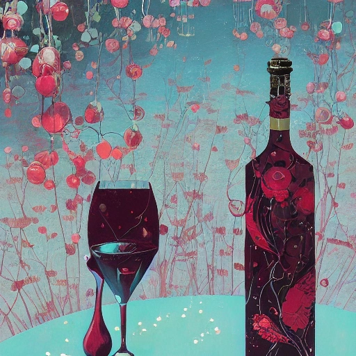 magic, bottle, RED wine, grappes, bunches of grappes by victo ngai, Oil Painting