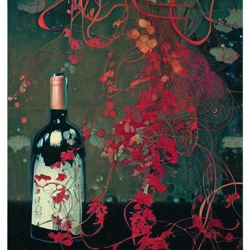 magic, bottle, RED wine, grappes, bunches of grappes by victo ngai, Oil Painting