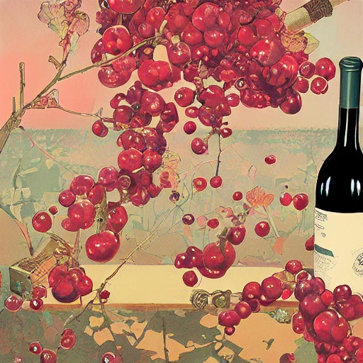 VENDIMIA magic, bottle, RED wine, grappes, bunches of grappes by victo ngai, Oil Painting