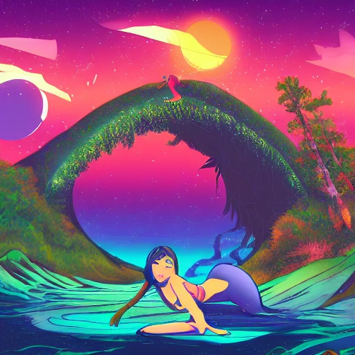 , Trippy, Cartoon, Beautiful Girl, Big Breasts, Bikini, Dream, Night Sky, Comet, Beach, Treasure Planet, Ship, Sea, Waterfall, Mountain, Forest