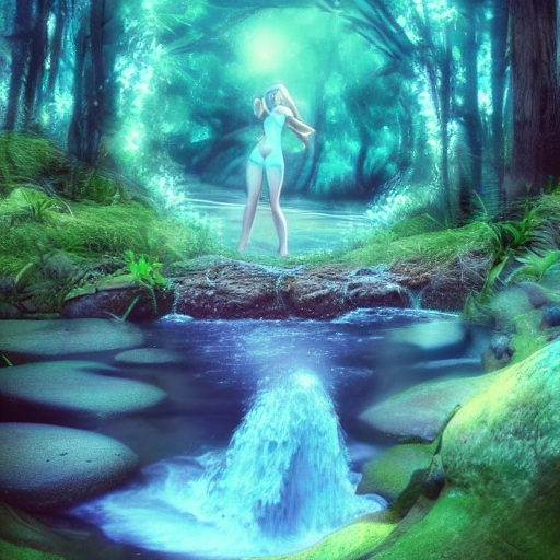 , Trippy, Beautiful Girl, Big Breast, Fantasy, Bikini, Forest, Waterfall, Flowing Water, Dream, Night Sky, Falling Stars, Beach