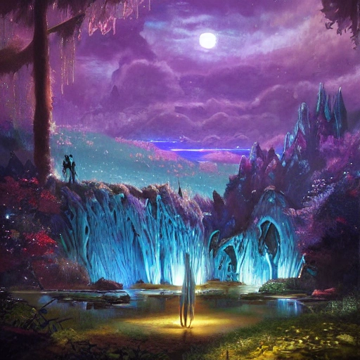 mdjrny-v4 style, concept art painting of a fantasy alien fungal landscape at night, with glowing blue lights, dark purple sky, waterfall, bathing girl, big breast, realistic, detailed, cel shaded, in the style of makoto shinkai and greg rutkowski and albert bierstadt and james gurney , 3D