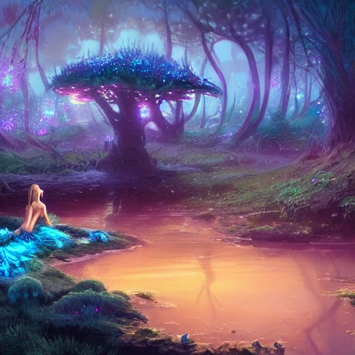 concept art painting of a fantasy alien fungal landscape at night, with glowing blue lights, High detailed as Mermaid,  Kate Upton in bikini, Big Breasts, tanned skin, bathing, waterfall, realistic, detailed, cel shaded, in the style of makoto shinkai and greg rutkowski and albert bierstadt and james gurney 