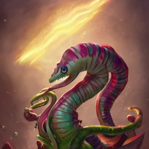 realistic portrait of Meganium fusion with Milotic, casting a bright large-scale magical steam punk like city, magic dust around, highly detailed, digital painting, trending on artstation, pixiv, concept art, sharp focus, illustration, art by Ross Tran and Greg Rutkowski and Walt Disney animation, pokemon
