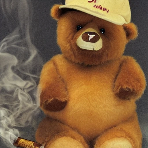 The portrait depicts a teddy bear with a baseball cap on its head. The teddy bear is smoking a cigar, with a thick cloud of smoke rising from it. The portrait is in 8K resolution, which means it has a very high level of detail and clarity. The teddy bear's fur looks soft and plush, and the baseball cap appears to be well-worn and slightly faded. The cigar looks well-made, with a smooth wrapper and an even burn. The background of the portrait is not visible, leaving the focus entirely on the teddy bear and its accessories. Overall, the portrait gives the impression of a tough and confident teddy bear, perhaps one with a mischievous streak.