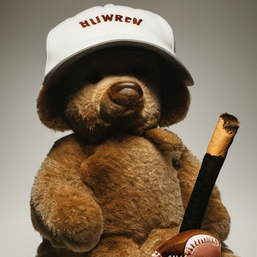 The portrait depicts a teddy bear with a baseball cap on its head. The teddy bear is smoking a cigar, with a thick cloud of smoke rising from it. The portrait is in 8K resolution, which means it has a very high level of detail and clarity. The teddy bear's fur looks soft and plush, and the baseball cap appears to be well-worn and slightly faded. The cigar looks well-made, with a smooth wrapper and an even burn. The background of the portrait is not visible, leaving the focus entirely on the teddy bear and its accessories. Overall, the portrait gives the impression of a tough and confident teddy bear, perhaps one with a mischievous streak.