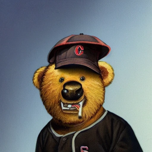 The portrait depicts a teddy bear with a baseball cap on its head. The teddy bear is smoking a cigar, with a thick cloud of smoke rising from it. The portrait is in 8K resolution, which means it has a very high level of detail and clarity. the baseball cap appears to be well-worn and slightly faded. The background of the portrait is not visible, leaving the focus entirely on the teddy bear and its accessories. Overall, the portrait gives the impression of a tough and confident teddy bear, perhaps one with a mischievous streak.