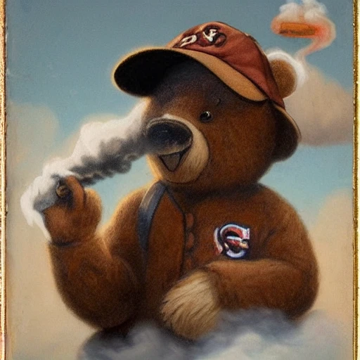 The portrait depicts a teddy bear with a baseball cap on its head. The teddy bear is smoking a cigar, with a thick cloud of smoke rising from it. The portrait is in 8K resolution, which means it has a very high level of detail and clarity. the baseball cap appears to be well-worn and slightly faded. The background of the portrait is not visible, leaving the focus entirely on the teddy bear and its accessories. Overall, the portrait gives the impression of a tough and confident teddy bear, perhaps one with a mischievous streak.