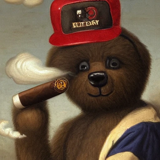 The portrait depicts a teddy bear with a baseball cap on its head. The teddy bear is smoking a cigar, with a thick cloud of smoke rising from it. The portrait is in 8K resolution, which means it has a very high level of detail and clarity. the baseball cap appears to be well-worn and slightly faded. The background of the portrait is not visible, leaving the focus entirely on the teddy bear and its accessories. Overall, the portrait gives the impression of a tough and confident teddy bear, perhaps one with a mischievous streak.