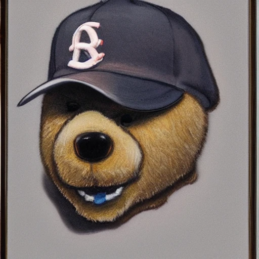 The portrait depicts a teddy bear with a baseball cap on its head. The teddy bear is smoking a cigar, with a thick cloud of smoke rising from it. The portrait is in 8K resolution, which means it has a very high level of detail and clarity. the baseball cap appears to be well-worn and slightly faded. The background of the portrait is not visible, leaving the focus entirely on the teddy bear and its accessories. Overall, the portrait gives the impression of a tough and confident teddy bear, perhaps one with a mischievous streak.