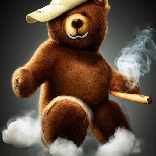 The portrait depicts a teddy bear with a baseball cap on its head. The teddy bear is smoking a cigar, with a thick cloud of smoke rising from it. The portrait is in 8K resolution, which means it has a very high level of detail and clarity.