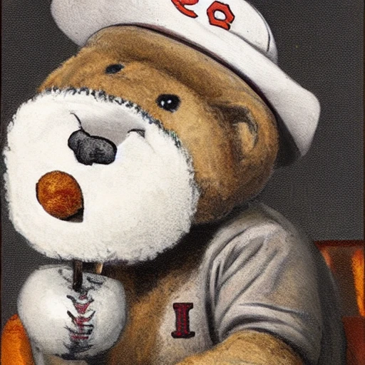 The portrait depicts a teddy bear with a baseball cap on its head. The teddy bear is smoking a cigar, with a thick cloud of smoke rising from it. The portrait is in 8K resolution, which means it has a very high level of detail and clarity. the baseball cap appears to be well-worn and slightly faded. The background of the portrait is not visible, leaving the focus entirely on the teddy bear and its accessories. 