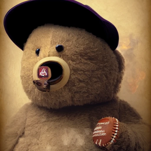 The portrait depicts a teddy bear with a baseball cap on its head. The teddy bear is smoking a cigar, with a thick cloud of smoke rising from it. The portrait is in 8K resolution, which means it has a very high level of detail and clarity. the baseball cap appears to be well-worn and slightly faded. The background of the portrait is not visible, leaving the focus entirely on the teddy bear and its accessories. 