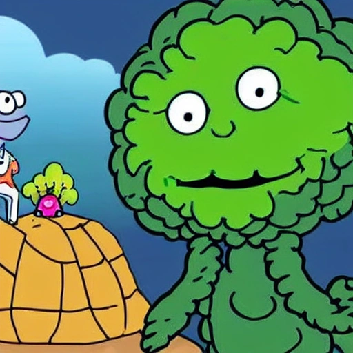 a cartoon broccoli having the time of his live at a surreal funparc with his friend a turtle
