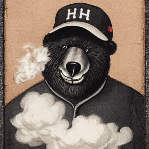 The portrait depicts a teddy bear with a baseball cap on its head. The teddy bear is smoking a cigar, with a thick cloud of smoke rising from it. The portrait is in 8K resolution, which means it has a very high level of detail and clarity. the baseball cap appears to be well-worn and slightly faded. The background of the portrait is not visible, leaving the focus entirely on the teddy bear and its accessories. 