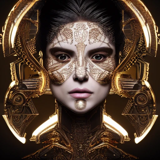 mdjrny-v4 style, symmetric, intricate, centred 3d render ultra detailed of a beautiful porcelain and gold profile portrait woman, 150 mm, beautiful studio soft light, rim light, vibrant details, luxurious antic, hyperrealistic, anatomical, facial muscles, blade runner atmosphere , elegant, octane render, H. R. Giger style, 8k, Trippy, Cartoon, Trippy, 3D