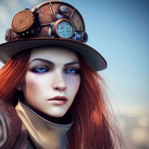 side close up portrait of 1 girl, steampunk, windblown long hair, detailed face, spotlight, steampunk city, multicolored, hyperrealistic, photografic, 8k, epic ambient light, octane render