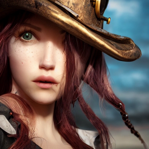 side close up portrait of 1 girl, steampunk, windblown long hair, detailed face, spotlight, steampunk city, multicolored, hyperrealistic, photografic, 8k, epic ambient light, octane render