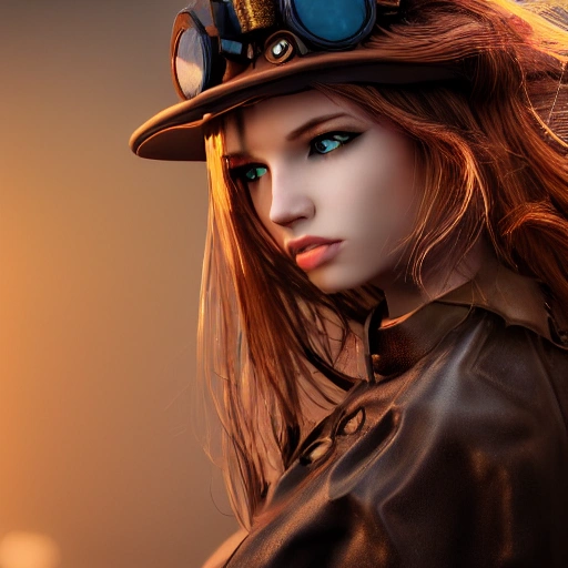 side close up portrait of 1 girl, steampunk, windblown long hair, detailed face, spotlight, steampunk city, multicolored, hyperrealistic, photografic, 8k, epic ambient light, octane render