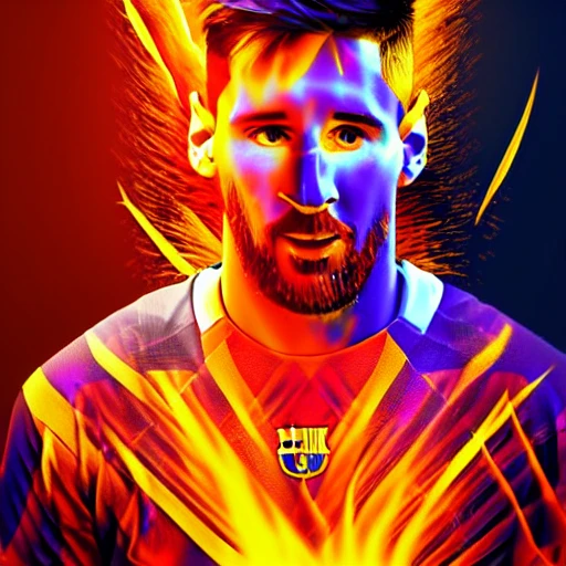 Messi mixed with a fire aura half electric half human, 3D, Cartoon
