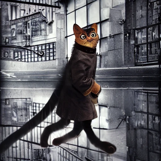 A Steampunk cat Walking in the City, realistic, reflection, 