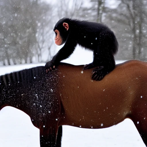 Chimp riding a horse in the snow