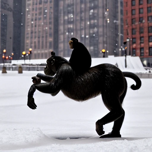 Chimp riding a horse in the snow in New York City