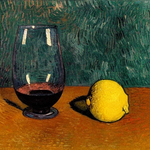 Painting of a wine glass and a half citron in Van Gogh Style