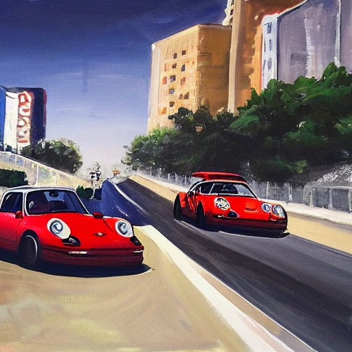 Painting of Targa Porsche driving through LA