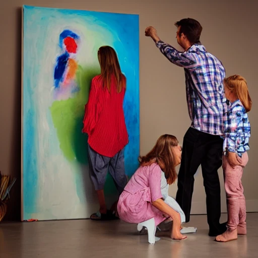 a family being fotographed in a studio, abstract, Oil Painting