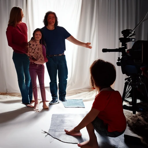 a family being fotographed in a studio by a photographer, abstract, Oil Painting