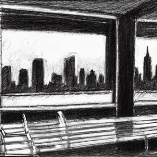 Man seats on a bench, with the view on New York City, Pencil Sketch