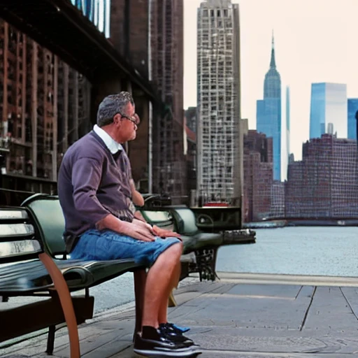 Man who seats on a bench, with the view on New York City, 3D