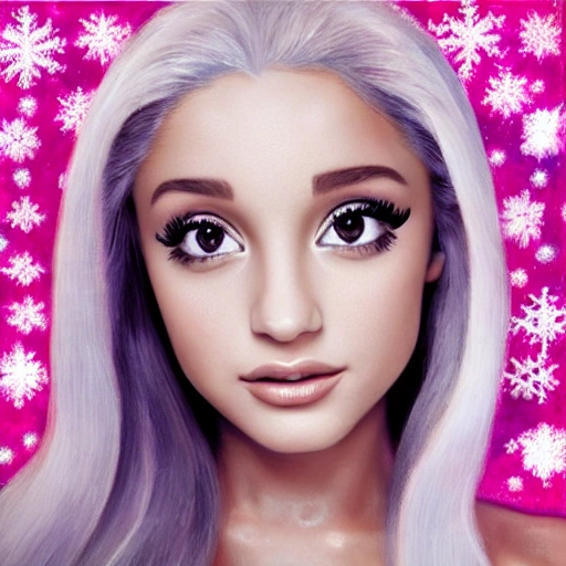 portrait of a beautiful Ariana Grande, pink crystals, Christmas and winter elements, pink, silver, white holiday theme, hyper realistic, symmetrical face, symmetrical eyes, trending on artstation