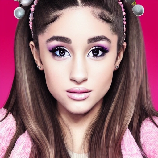 ultra realistic portrait of a beautiful Ariana Grande, pink crystals, Christmas and winter elements, pink, silver, white holiday theme, hyper realistic, symmetrical face, symmetrical eyes, trending on artstation, 3D