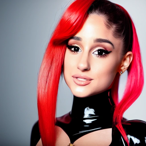 ultra realistic portrait of a beautiful Ariana Grande smiling wearing a red PVC catsuit, perfect eyes, perfect makeup, highly detailed, 4k, HDR