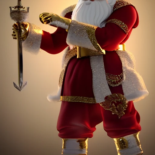 intricate, 3d render ultra detailed of a beautiful marble, white and gold santa claus with a sword in his hand, 50 mm, beautiful studio soft light, vibrant details, luxurious antic, hyperrealistic, blade runner atmosphere , elegant, octane render