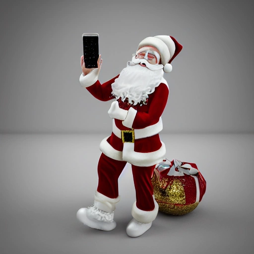 intricate, 3d render ultra detailed of a beautiful marble, white and gold santa claus with a smartphone in his hand, 50 mm, beautiful studio soft light, vibrant details, luxurious antic, hyperrealistic, blade runner atmosphere , elegant, octane render