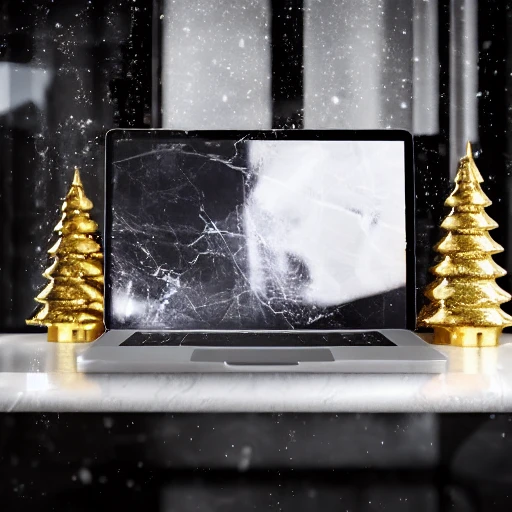 intricate, 3d render ultra detailed of a beautiful marble, white and gold santa claus coding on a laptop, beautiful studio soft light, vibrant details, luxurious antic, hyperrealistic, blade runner atmosphere , elegant, octane render