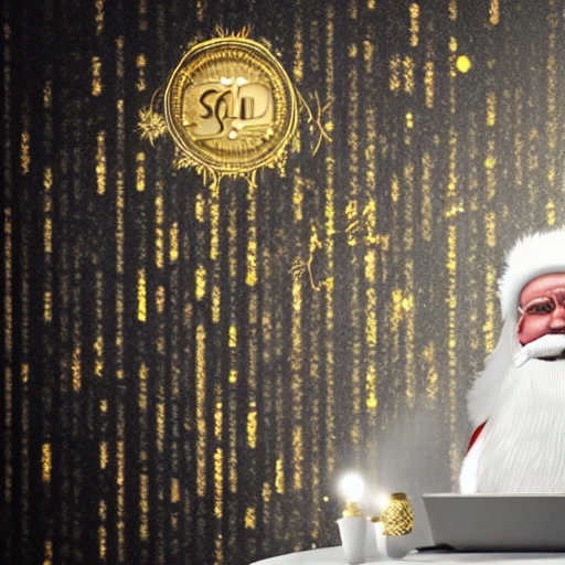 intricate, 3d render ultra detailed of a beautiful marble, white and gold santa claus using a laptop, beautiful studio soft light, vibrant details, luxurious antic, hyperrealistic, blade runner atmosphere , elegant, octane render