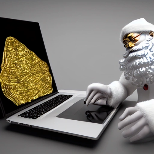 3d render ultra detailed of a beautiful marble, white and gold santa claus using a laptop, beautiful studio soft light, vibrant details, hyperrealistic, blade runner atmosphere, octane render