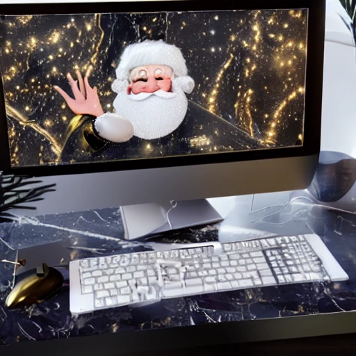 3d render ultra detailed of a beautiful marble, white and gold santa claus using a laptop, beautiful studio soft light, vibrant details, hyperrealistic, blade runner atmosphere, octane render