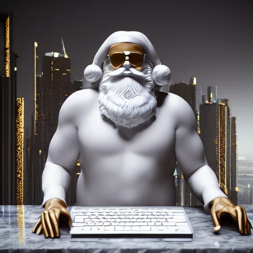 mdjrny-v4 style,, 3d render ultra detailed of a beautiful marble, white and gold santa claus using a laptop, beautiful studio soft light, vibrant details, hyperrealistic, blade runner atmosphere, octane render,   H. R. Giger style, 8k