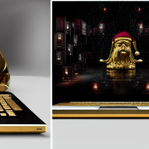 mdjrny-v4 style, 3d render ultra detailed of a beautiful marble and gold santa claus using a laptop, beautiful studio soft light, vibrant details, hyperrealistic, blade runner atmosphere, octane render,   H. R. Giger style, 8k