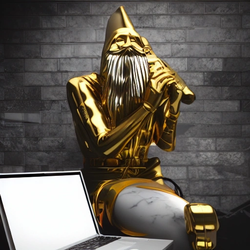 mdjrny-v4 style, 3d render ultra detailed of a beautiful marble and gold santa claus using a laptop, beautiful studio soft light, vibrant details, hyperrealistic, blade runner atmosphere, octane render,   H. R. Giger style, 8k