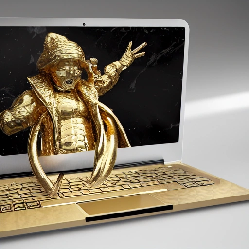 mdjrny-v4 style, 3d render ultra detailed of a beautiful marble and gold santa claus using a laptop, beautiful studio soft light, vibrant details, hyperrealistic, blade runner atmosphere, octane render,   H. R. Giger style, 8k