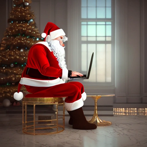 3d render ultra detailed of santa claus using a laptop in a beautiful marble and gold room, cinematic lighting, vibrant details, hyperrealistic, blade runner atmosphere, octane render,   H. R. Giger style