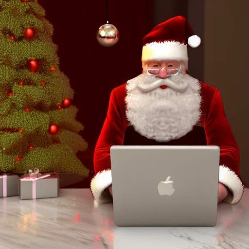 3d render ultra detailed of santa claus using a laptop in a beautiful marble and gold room with green musk, cinematic lighting, vibrant details, hyperrealistic, blade runner atmosphere, octane render